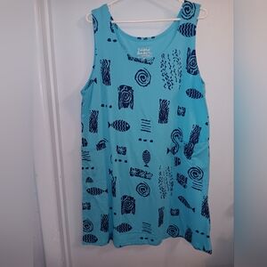 Island Beach Blue Patterned Sleeveless Dress Pockets Tropical Design